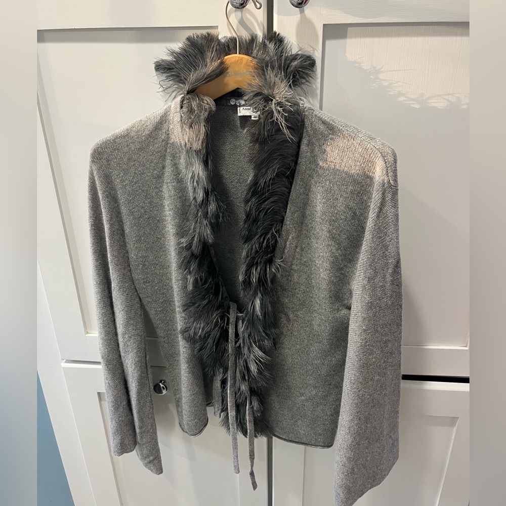 Anne Fontaine cardigan with detachable feather trim and bell sleeves size 46 (L)